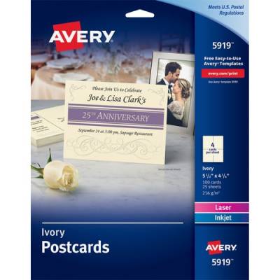 Avery Postcards, Ivory, Two-Sided Printing, 4-1/4" x 5-1/2", 100 Cards (5919)