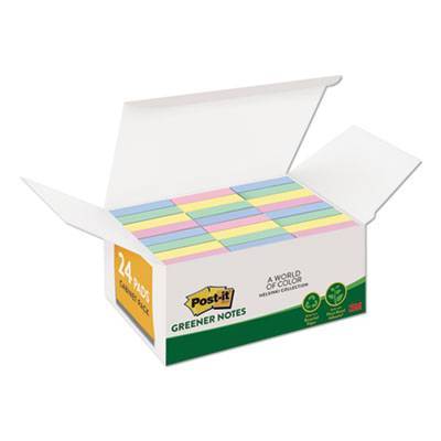 Post-it Greener Notes Recycled Note Pads, 1 3/8 x 1 7/8, Plain, Assorted Helsinki Colors, 100-Sheet, 24/Pack (65324RPVAD)
